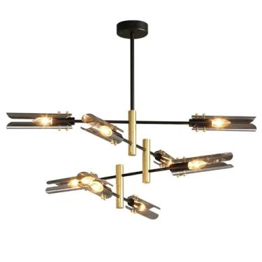 Imagem de KSSTEVNBD Lustre Sputnik moderno, luminária de teto de montagem semiembutida preta e dourada com cúpula de vidro de tubo, lustres de teto de metal rotativos de meados do século para quarto, sala de