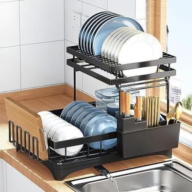 Imagem de AKALNNB Escorredor de pratos de cozinha 2 camadas com bandejas coletoras, talheres/suporte de copo, suporte de tábua de corte e mini tábua de drenagem, escorredor de pratos grande para bancada de