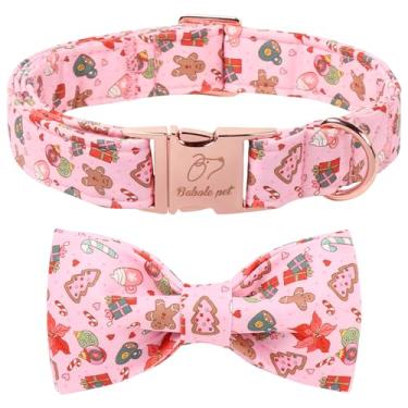 Imagem de Babole Pet Coleira de Natal para cães com gravata borboleta - Sweet Chsiatmas Festival Pattern Pink Puppy Collar, fivela de metal ajustável, coleira de inverno para cães pequenos, médios e grandes, GG