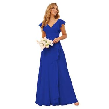 Imagem de Vestido de dama de honra TIRAS Elegant Ruffles Chiffon Azul Royal 2025