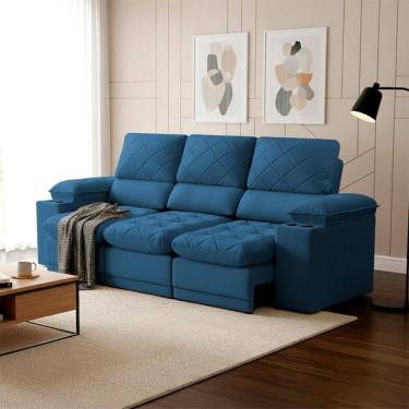 Imagem de Sofá Veneza 2,40m Retrátil Reclinável Azul USB e Porta Copos - King House