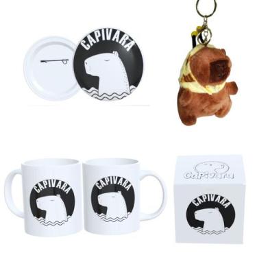 Imagem de Kit Completo Capivara  Caneca Estampada, Botton 4,4cm, Pelúcia de Capi