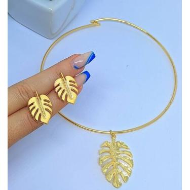 Imagem de Kit Conjunto Colar e Brincos Choker Elo Aro Rigido Liso Folha Costela 