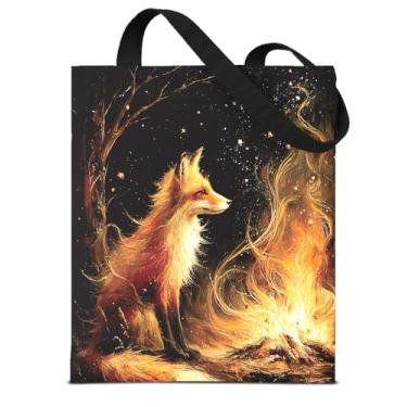 Imagem de Dark Fantasy Fox Bonfire Canvas Tote Bag for Women Whimsical Red Fox Estética Reutilizável Bolsa de Ombro para Compras, Trabalho, Viagem, Praia Totes