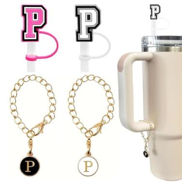 Imagem de 4 peças de acessório de garrafa de água com letras fofas compatíveis com copos Stanley, tampa de cobertura de canudo à prova de poeira de silicone, pingente de chaveiro de copo personalizado