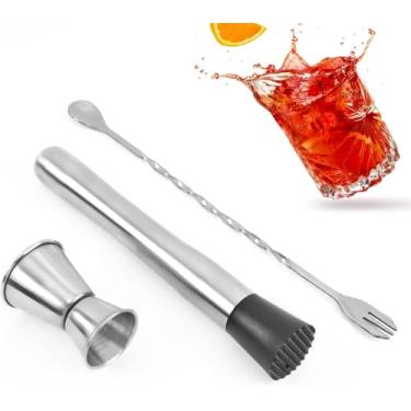 Imagem de Conjunto de 3 coqueteleiras com copo medidor, garfo e picador de gelo 2 em 1, ferramenta essencial de bar e cozinha, conjunto profissional de misturador de bebidas para iniciantes, prata