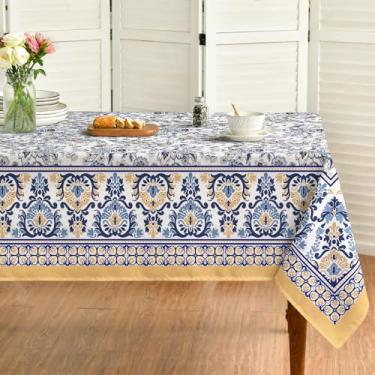 Imagem de Toalha de mesa rústica floral amarela e azul 132 × 177 cm, retangular, lavável, para festa de casamento, piquenique, banquete, jantar, decoração