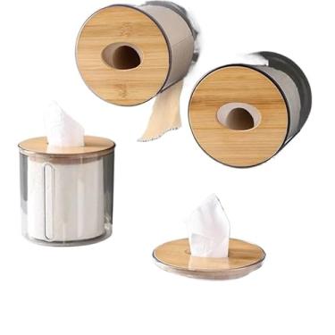 Imagem de Porta Papel Higiênico Luxo Transparente com Tampa de Bambu – Design Moderno e Elegante para Banheiro e Lavabo