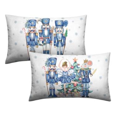 Imagem de Wnoesat Chinoiserie Capas de almofada lombar de Natal 30 x 50 cm Conjunto de 2 quebra-nozes árvore de Natal flocos de neve azul retangular capa de almofada fazenda inverno cintura fronhas para sofá