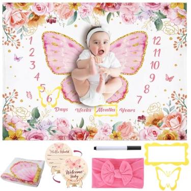 Imagem de GGSTDDUP Cobertor de borboleta marco para meninas, cobertor floral mensal de crescimento de bebê recém-nascido fundo fotográfico com placas de madeira, molduras, faixa de cabeça de laço, rosa
