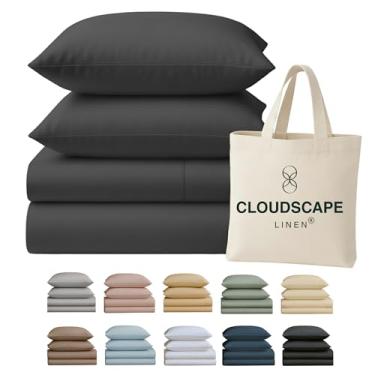 Imagem de Conjunto de lençóis King Size Cloud Scape Linen 400 fios - 100% algodão egípcio, macio, durável e respirável, bolso profundo de até 41 cm, carvão