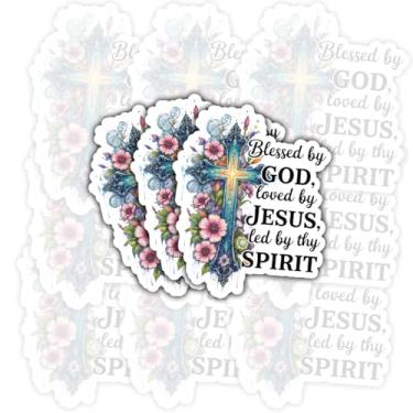 Imagem de Adesivo de vinil inspirado em cruz floral com 3 peças Blessed by God Loved by Jesus Led by Thy Spirit, verso da Bíblia Cristã, para laptop, garrafa de água, carro, diário, decoração de caderno