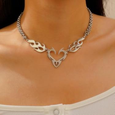 Imagem de Colar punk para mulheres, corrente de prata, coração, punk, rock, masculino, Medium, Latão, Sem Pedra Preciosa