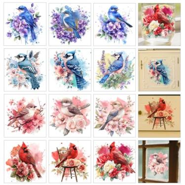 Imagem de GOMAKERER 12 peças de adesivos de esfregar pássaros para artesanato e móveis, 12 estilos vintage pássaros florais esfregar em adesivos de transferência de PVC para decoração de artesanato de janela de