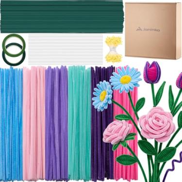 Imagem de Janinka Kit de flores de limpeza de cachimbo de 1800 peças com ramos florais, estame amarelo e fita floral, produtos de artesanato para limpadores de cachimbo fofos, kit de flores DIY para presente de