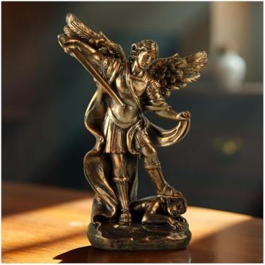 Imagem de Estátua de São Miguel Arcanjo – Estatueta religiosa de resina de bronze representando São Miguel derrotando o mal – Escultura de anjo católico cristão para decoração de casa, escritório e oração