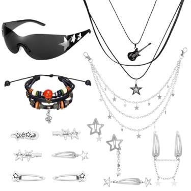 Imagem de Conjunto de acessórios Y2k incluído, colar de prata Star Y2k, colar em camadas grunge, corrente de calças hip hop, óculos de sol Y2K, clipe de cabelo de estrela, clipes de cabelo prateados, conjunto