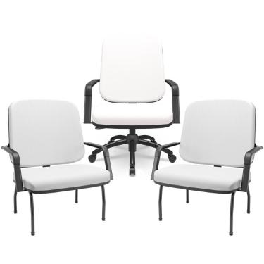 Imagem de Kit Cadeira De Escritório Giratória E 2 Cadeiras Fixas Preta Magno P03 Vinil Branco - Lyam Decor