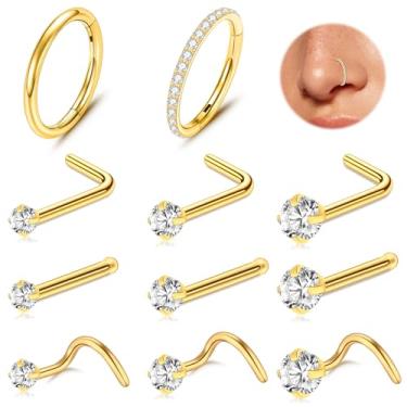 Imagem de ONESING 11 peças de anéis de nariz dourados 18G/20G brincos de nariz de ouro clicker aros de nariz hipoalergênicos de aço inoxidável piercings de nariz joias de nariz de ouro joias de nariz septo