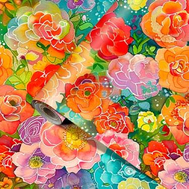 Imagem de HOMETITUTE Papel de parede floral para destacar e colar papel de parede floral colorido aquarela flor descascar e colar PVC autoadesivo removível papel de parede 39.9 cm x 100.1 cm para quarto, sala