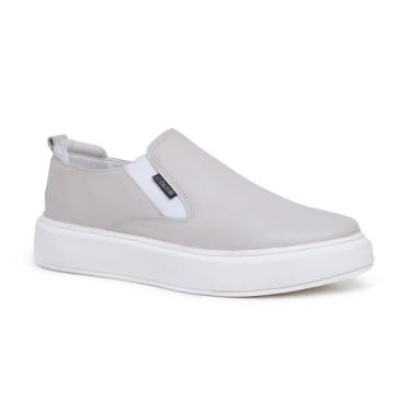 Imagem de Tênis Slip On Masculino em Couro Legítimo Casual e Elegante Sola Micro Expandida, Palmilha em Gel Preto Branco e Marrom (Off White, BR, Adulto, Numérico, 43)