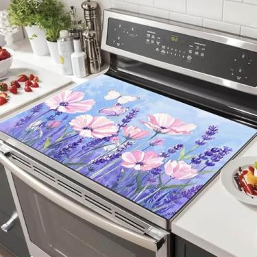 Imagem de HOMETITUTE Capa superior de fogão para decoração de cozinha de diatomita elétrica de 71 x 50 cm, protetor de fogão de vidro resistente ao calor, tapete de bancada com design floral rosa e roxo para