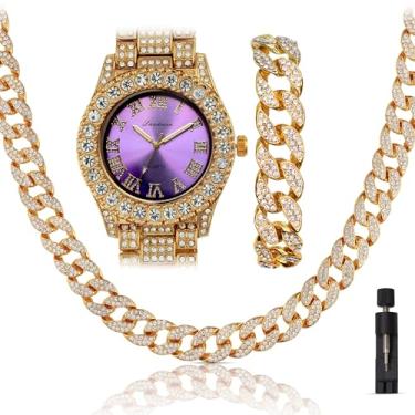 Imagem de ICEDTAG Iced Out 44 mm mostrador colorido banhado a ouro grande diamante numereral romano, corrente de colar com elos cubanos gelados, corrente de colar de 45 cm, conjunto de presente brilhante de