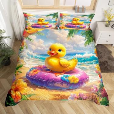 Imagem de Conjunto de capa de edredom de desenho animado de pato, tamanho infantil, natação Havaí, verão, oceano, praia, decoração de quarto de meninos e meninas, capa de edredom de animais fofos, capa de