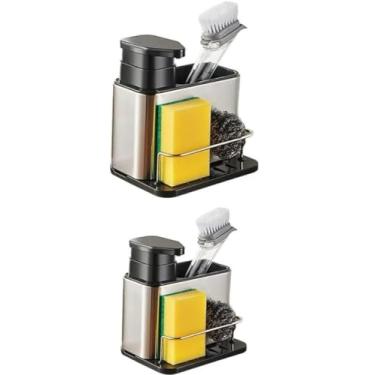 Imagem de Kit 2 Dispenser Em Aço Inox Escovado Com Escorredor Porta Detergente E Esponja 3 Em 1 Sabonete Líquido Para Pia Cozinha Organizador E Dosador Resistente à Corrosão Compacto para Bancada