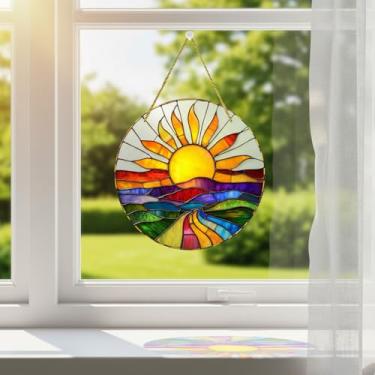Imagem de Enfeite de acrílico para pendurar na janela, estilo vitral, decoração acrílica para decoração de casa, design redondo colorido do nascer do sol para decoração de janela