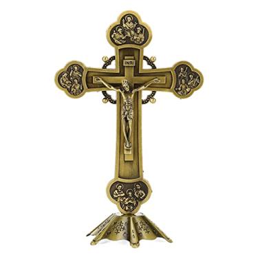 Imagem de Luocute Estilo Vintage de Crucifixo, Ornamento Decorativo de Crucifixo de Metal, Presente Católico Com Base, para Decoração de Prateleira de Mesa (Bronze)