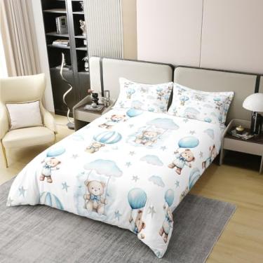 Imagem de Manfei Jogo de cama solteiro com desenho animado urso tamanho solteiro 100% algodão, linda nuvem balão de ar quente, capa de edredom de estrela de conto de fadas, azul e branco, 1 fronha (sem edredom)
