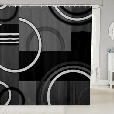 Imagem de Cortina de chuveiro com linhas geométricas, preto, cinza, círculo, redemoinho, conjunto de cortina de banheiro para crianças, adultos, estilo moderno, cortinas abstratas, à prova d'água, decoração de