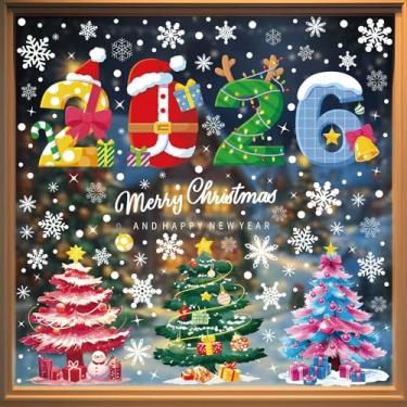 Imagem de Adesivos de janela de Natal 223 peças para 2026 7 folhas grandes com 3 cores de árvores de Natal, sinos flocos de neve, Feliz Natal, Feliz Ano Novo, placas sem necessidade de água, adesivos de PVC