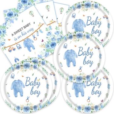 Imagem de 40 peças de decorações florais azuis para chá de bebê meninos suprimentos de revelação de gênero primavera rosa azul pratos e guardanapos de chá de bebê, adequado para 20 convidados