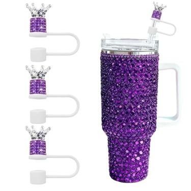 Imagem de JIASHEBDE Conjunto de 3 peças de topo de palha de diamante de coroa para copos Stanley - Capas de palha brilhantes com strass brilhantes para copos de 30 e 1,134 g, 21 cores para presente de princesa