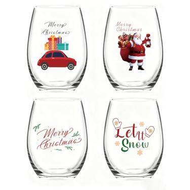 Imagem de Slugeren Merry Christmas Decor - Conjunto de 4 taças de vinho sem haste 500 ml, decoração de festa de Natal, boneco de neve, caixa de presente, copo de vinho, Let It Snow, para amigos e familiares