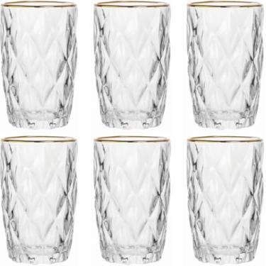 Imagem de Conjunto de Copos de Vidro Texturizado com Borda Dourada, Cristal Transparente, Design Diamante, 6 Peças