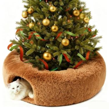 Imagem de Saia para árvore de Natal em túnel de gato, cama de gato sob a árvore de Natal, cama de túnel de pelúcia macia para gatinhos e gatinhos com almofada lavável, duas entradas, para gatinho, cachorrinho