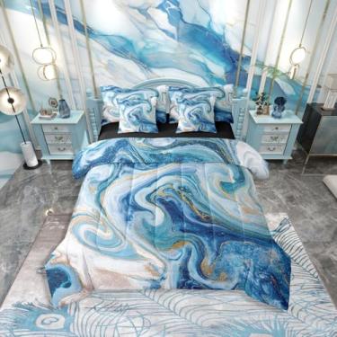 Imagem de Erosebridal Conjunto de cama king size de mármore com redemoinhos abstratos do oceano | Conjunto de edredom de mármore azul e dourado com lençóis, 7 peças, conjunto de cama de mármore gradiente para