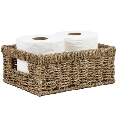 Imagem de Cestas de vime, cestas para organização, cesta de tecido de vime para armazenamento, caixas organizadoras com alças embutidas, cesta de armazenamento para prateleiras (alga marinha, pequena)