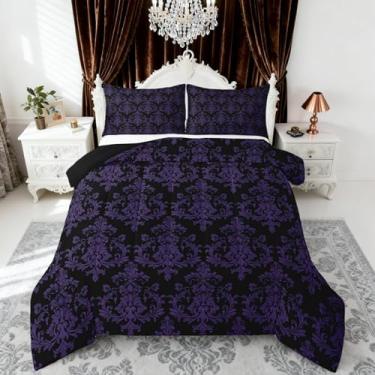 Imagem de Conjunto de edredom infantil damasco preto e roxo, vintage, estilo vitoriano, barroco, boêmio, reversível, para decoração de quarto de meninas, vintage, gótico, renda floral, edredom acolchoado, 2