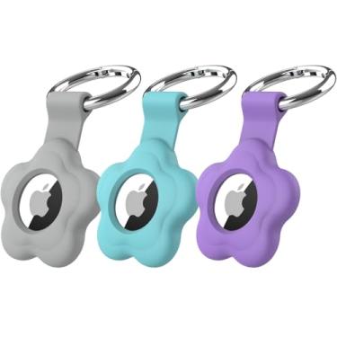 Imagem de Capa de silicone MC Fashion compatível com AirTag, [pacote com 3] linda flor macia capa protetora com chaveiro (cinza + azul + roxo)