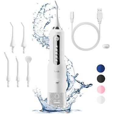 Imagem de 7am2m Irrigador bucal sem fio com 5 modos e 6 pontas de jato substituíveis, uma carga para 45 dias, tanque de água removível de grande capacidade, fio dental impermeável IPX7 para dentes (branco)