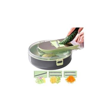 Imagem de Ralador e Fatiador Multifuncional, 15 Peças, Cinza e Verde, com 7 Lâminas em Aço Inox, Cesto Escorredor, 24cm x 8cm, para Legumes e Vegetais