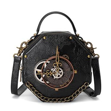 Imagem de YOUNAFEN Bolsa carteiro de couro PU Steampunk Gótica Retrô Portátil Bolsa de Ombro Transversal, Preto, 18 x 10 x 18cm