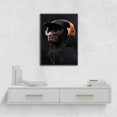 Imagem de Quadro Macaco Com Headphone 33X24 Com Vidro - Madeira Preta - Quadros 