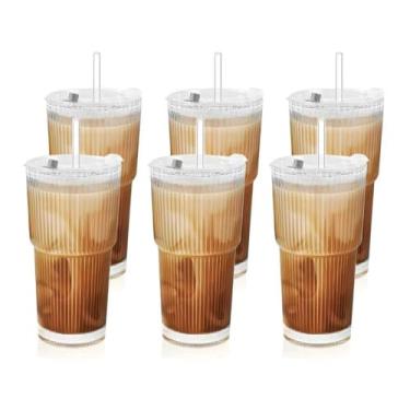 Imagem de Pacote com 6 copos de vidro de 590 ml com tampas e canudos, copos de café gelado vintage com nervuras para cerveja, gelo, café, suco de frutas, copo elegante e estético, copo de café gelado de vidro