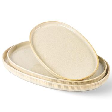 Imagem de theterra Travessa oval de cerâmica, 40 cm/36,6 cm/31 cm, segura para forno, segura para micro-ondas, conjunto de 3 pratos de servir para casamento, pratos de grés para entretenimento e festa