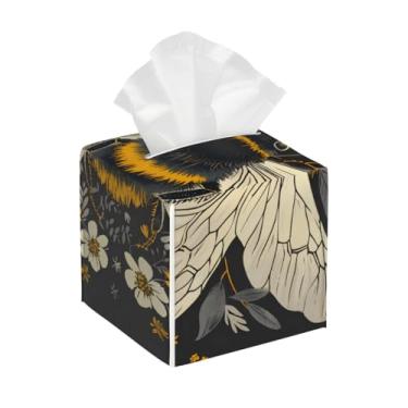 Imagem de Suporte quadrado de couro para caixa de lenços de papel, impermeável, abelha, fofo, flor, facial, organizador de papel com cinto inferior, estojo de lenços para mesa, banheiro, escritório, mesa, carro